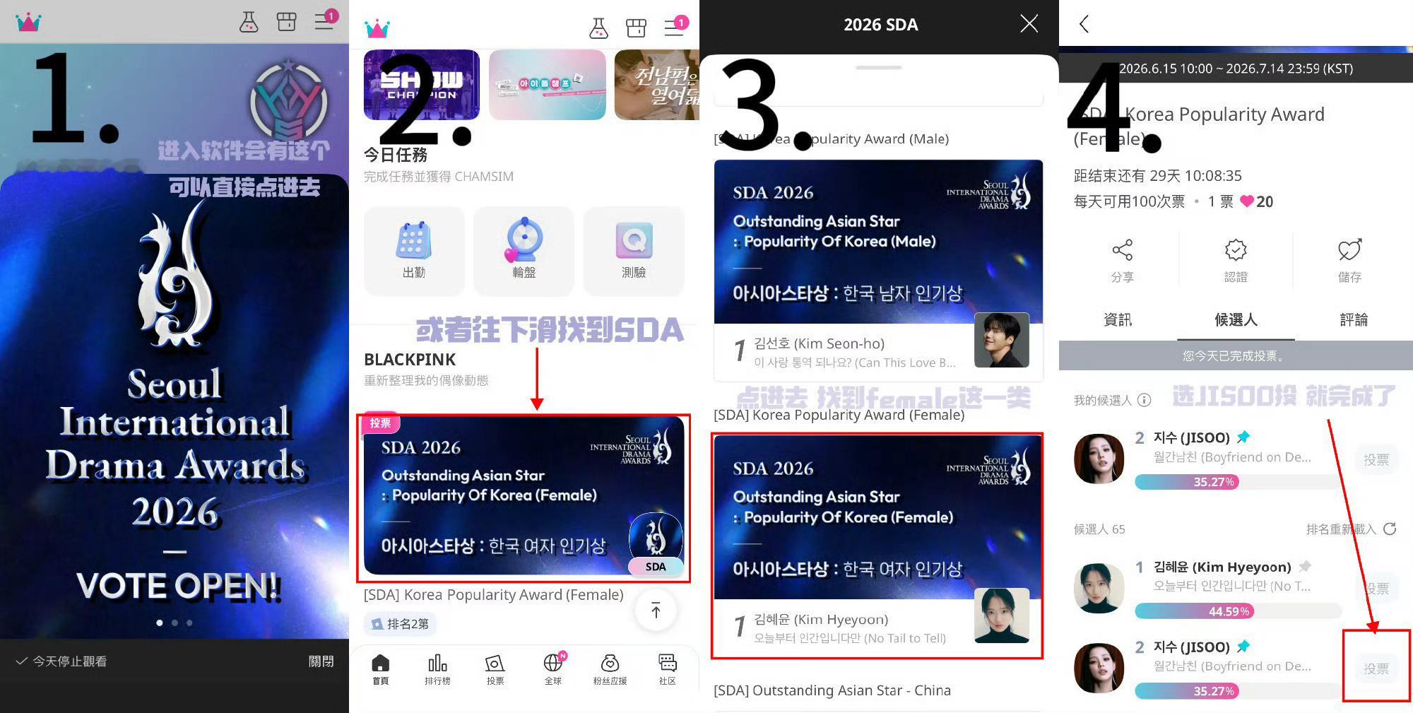 kimjisoo  最后40分钟！SDA投票大家冲刺一下‼️‼️智秀目前第一，一