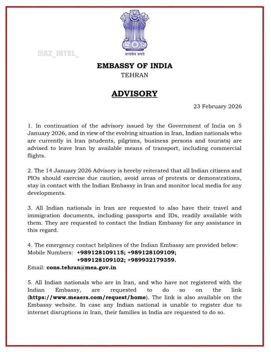 印度驻德黑兰大使馆发布紧急通知，要求所有在伊朗的印度公民——包括学生、朝圣者、游