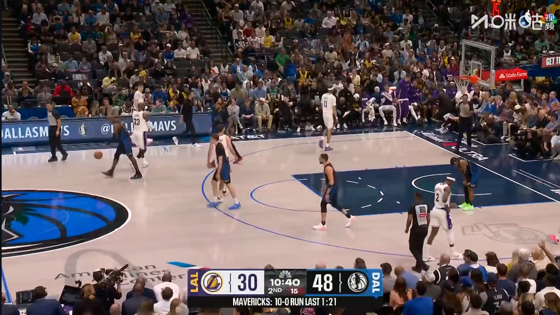 湖人没了后场双漏，一节出头丢了快50分。湖人vs独行侠