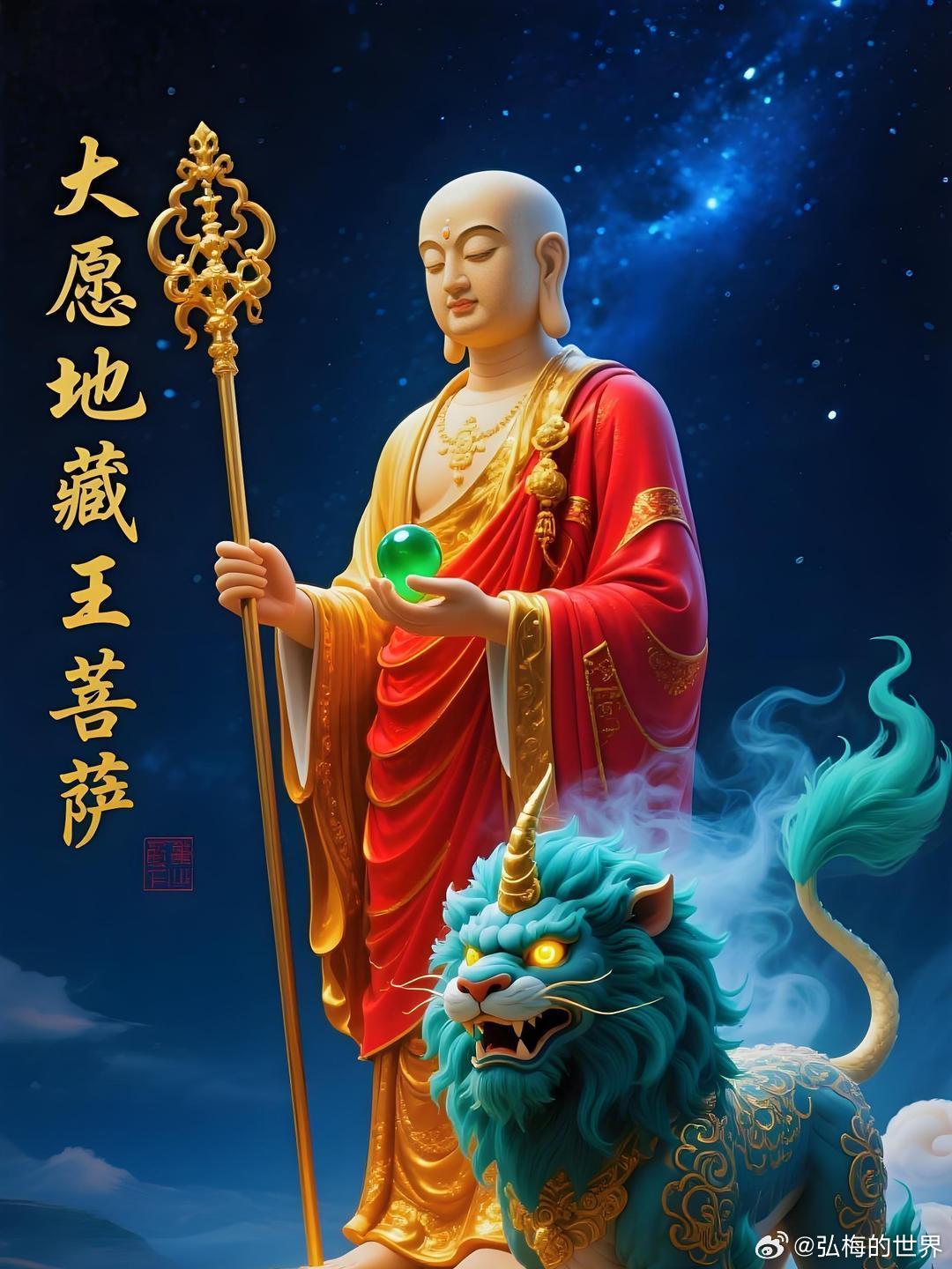 【地藏王菩萨心咒】嗡，呵呵呵，温三摩地，娑诃。读诵地藏菩萨心咒，超越三十劫罪，生