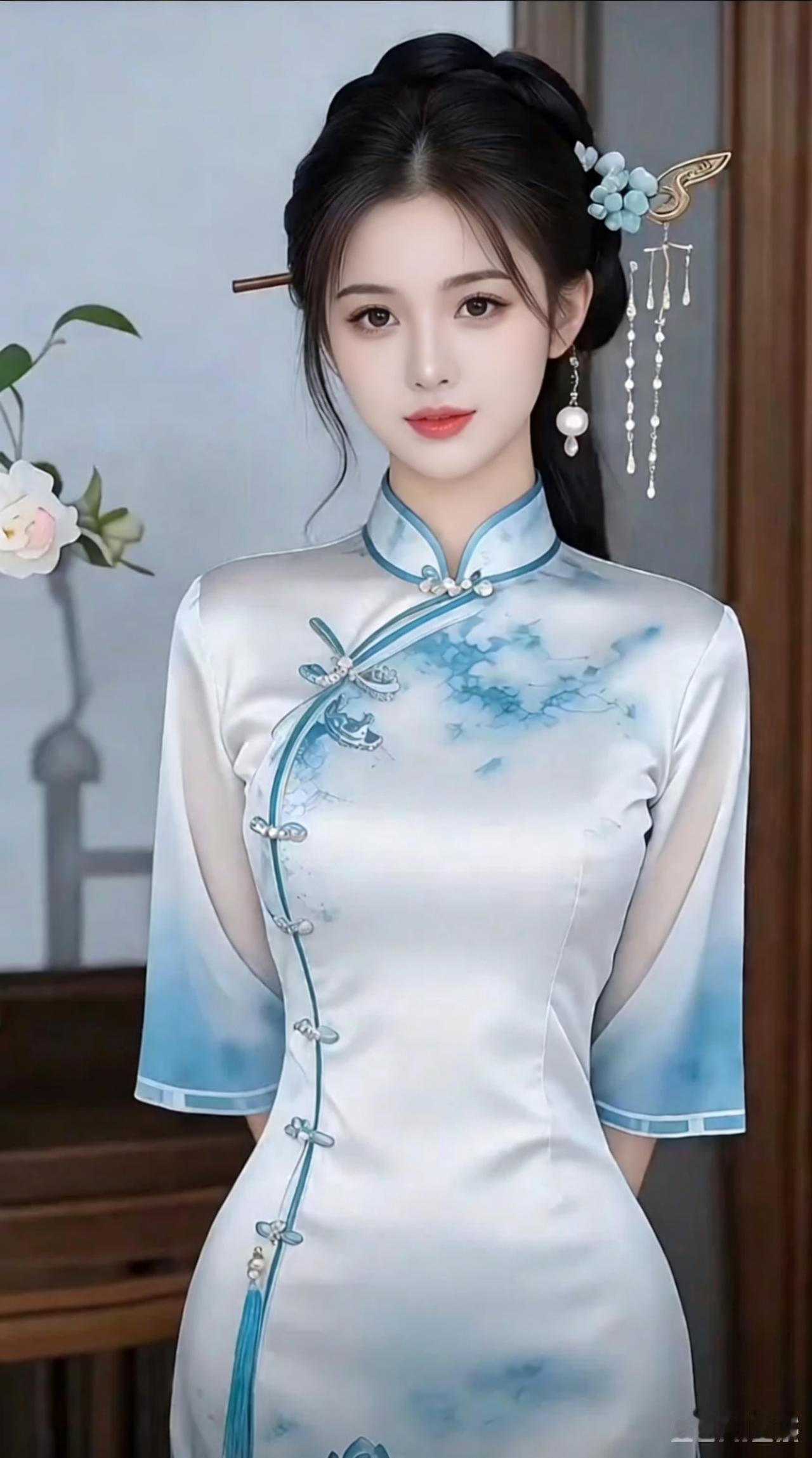 东方古典美，一袭蓝白旗袍，韵味十足！