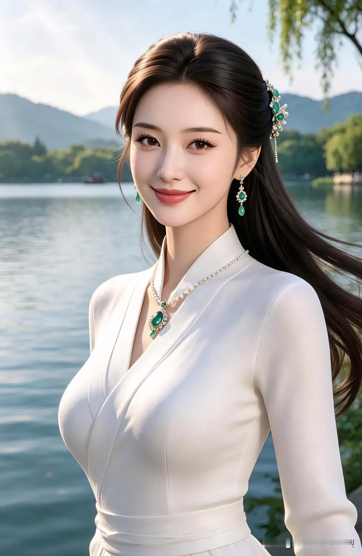 湖光潋滟映晴空，素衣凝雪胜春丛。翠饰流光添雅韵，笑靥如花绽东风，山水因君更从容。