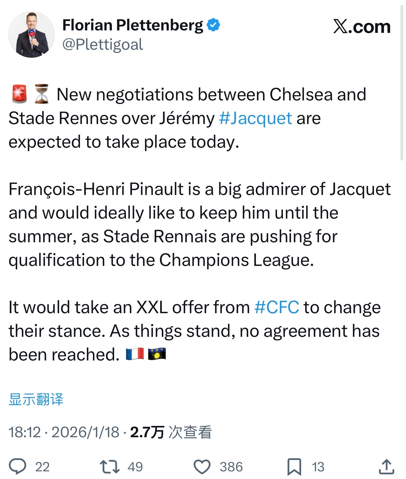 德国记者：切尔西和雷恩预计将于今天就雅凯的转会进行新的谈判。皮诺非常欣赏雅凯，他