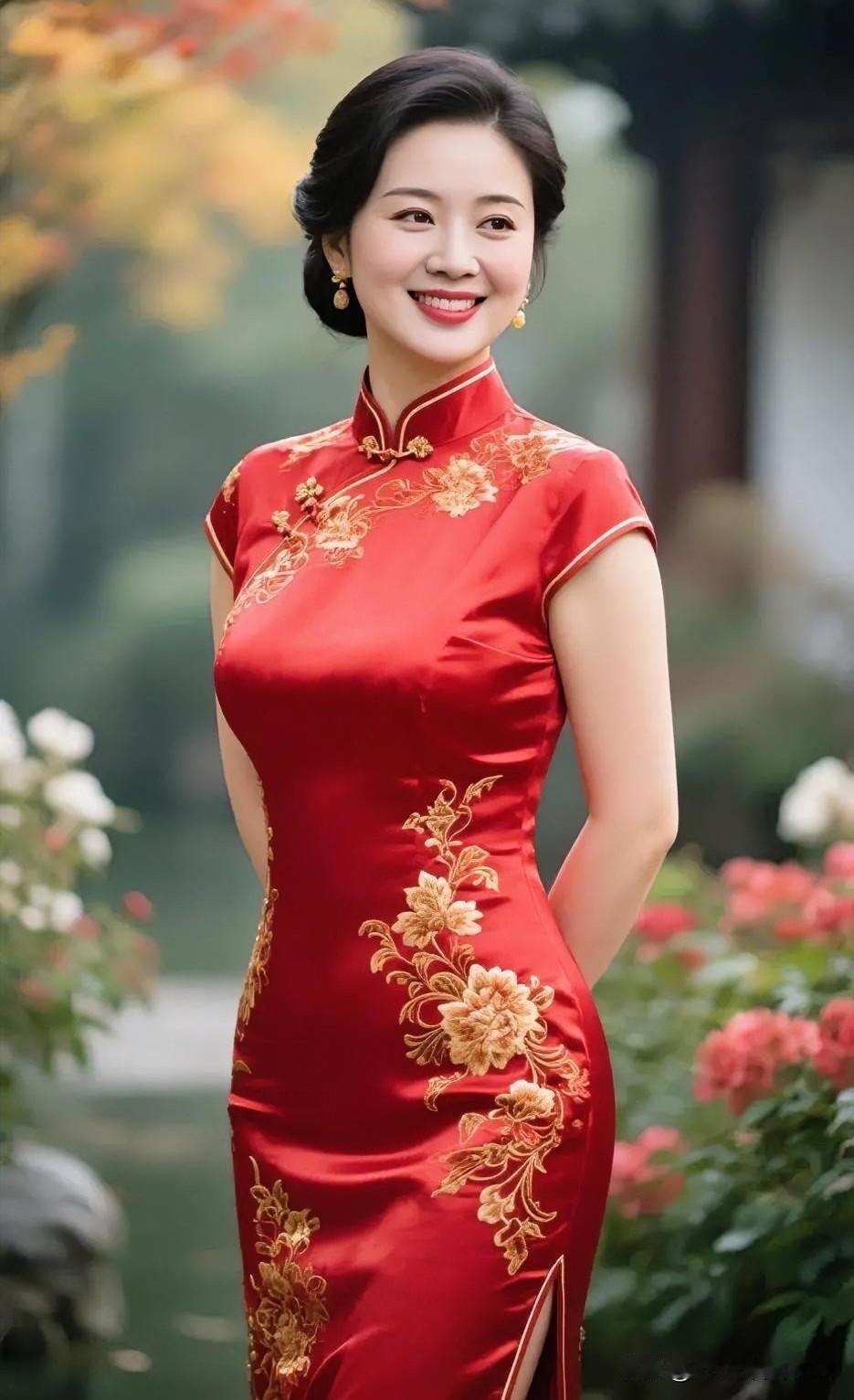 时尚穿搭红裳绣金，浅笑回眸，恰似画中人。