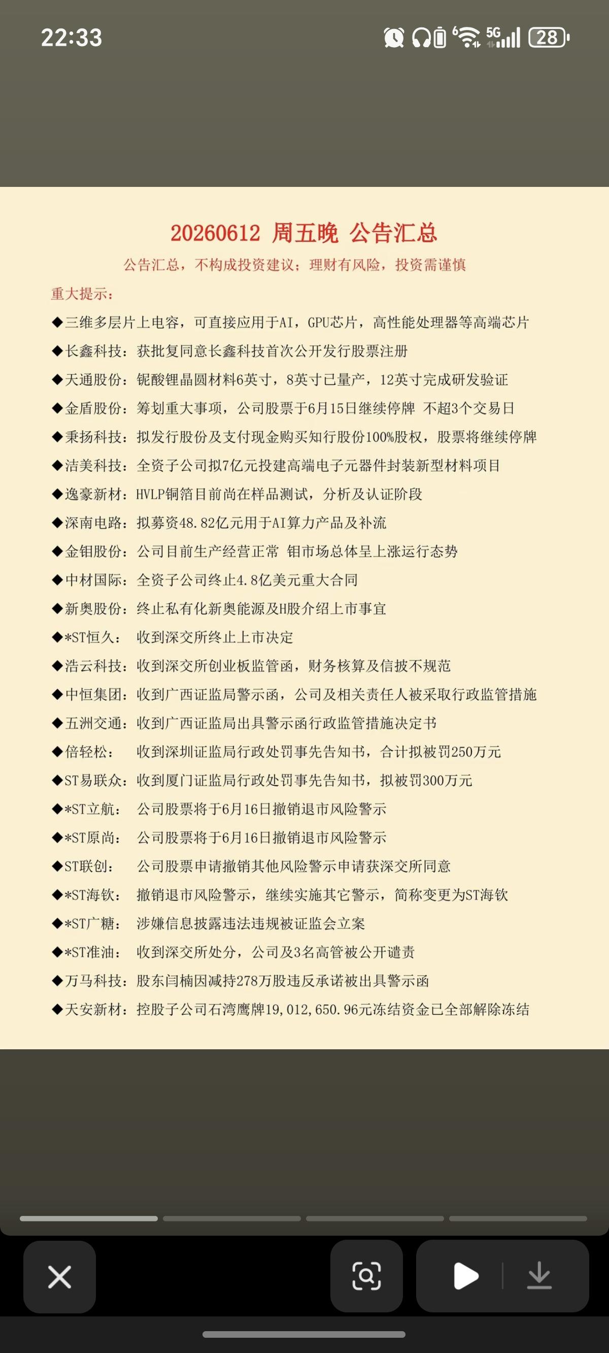 6.12周五  财经热点+上市公司公告汇总！

87家公司发布公告：
长鑫科技上