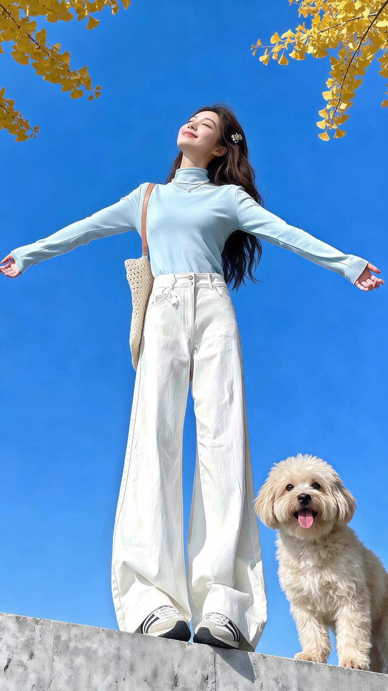 浅蓝高领打底衫➕奶白阔腿裤的搭配，清清爽爽的感觉像是把蓝天穿在身上，温...
