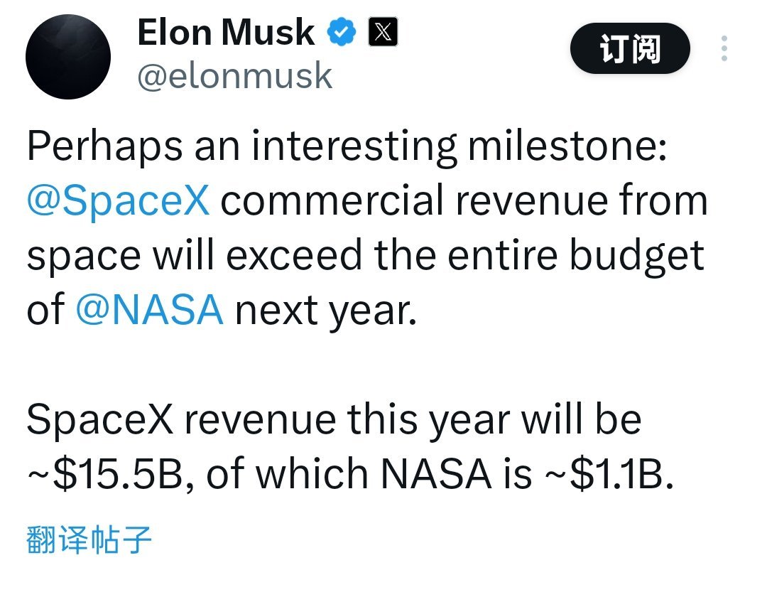 马斯克在社交平台上表示；SpaceX今年的收入将达到约155亿美 ​​​