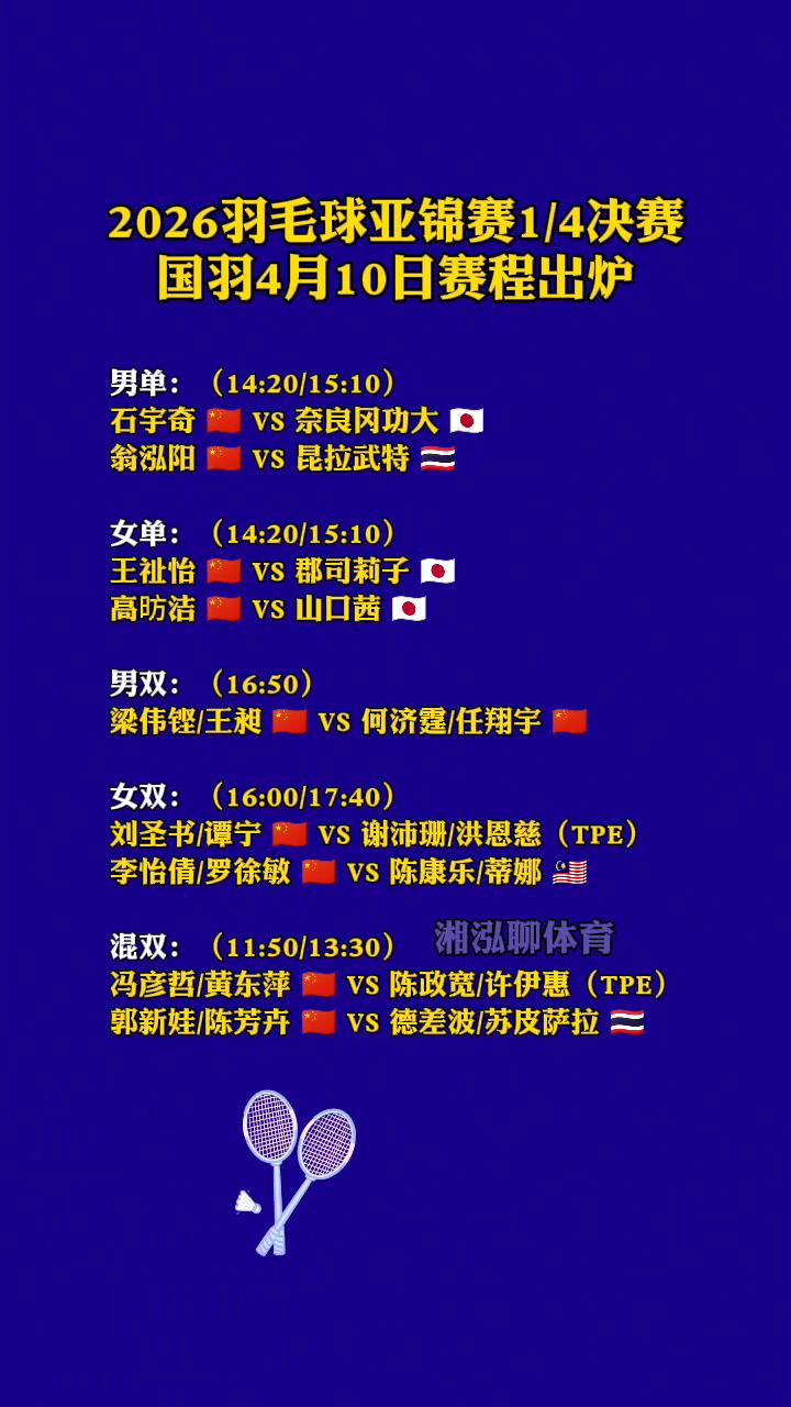 2026羽毛球亚锦赛1/4决赛国羽4月10日赛程出炉。
·翁泓阳：高防洁 vs山
