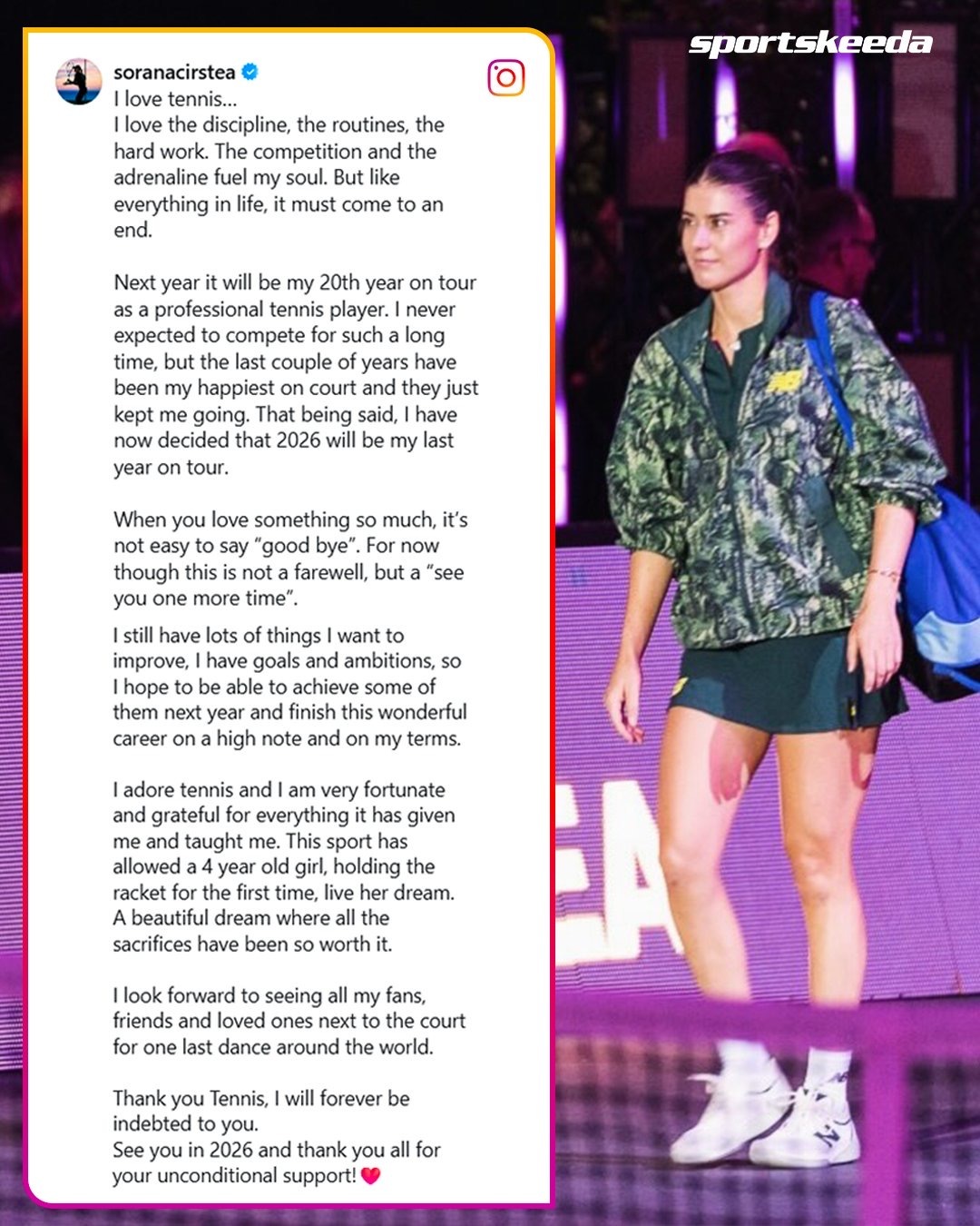 科斯蒂亚宣布2026赛季将是她的告别年：“我热爱网球……热爱它的自律、日常的坚持