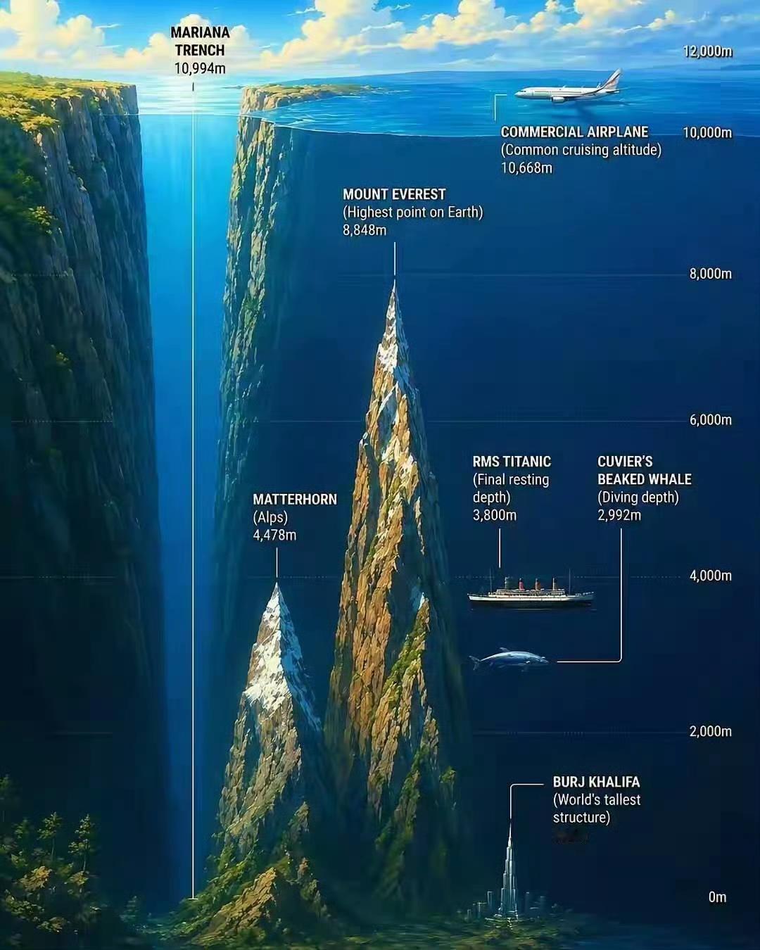 一图看懂马里亚纳海沟的深度。