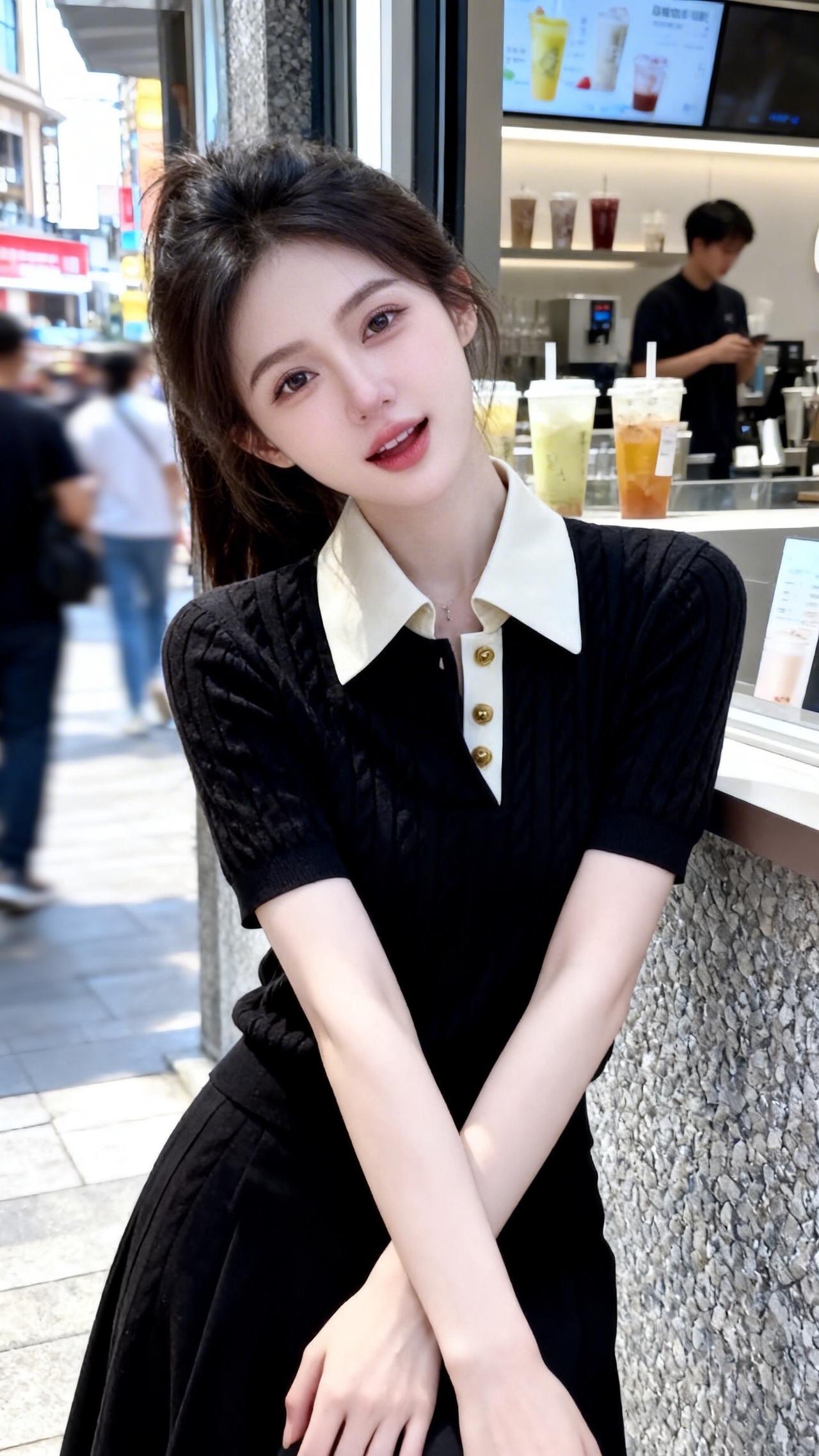 极简穿搭 polo针织衫女款短袖 针织韩系短袖百搭 黑裙穿搭 气质穿搭