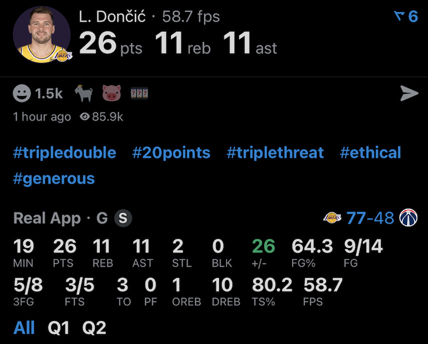 14投9中，三分球8中5，罚球5中3，26分11篮板11助攻2抢断3失误，半场三