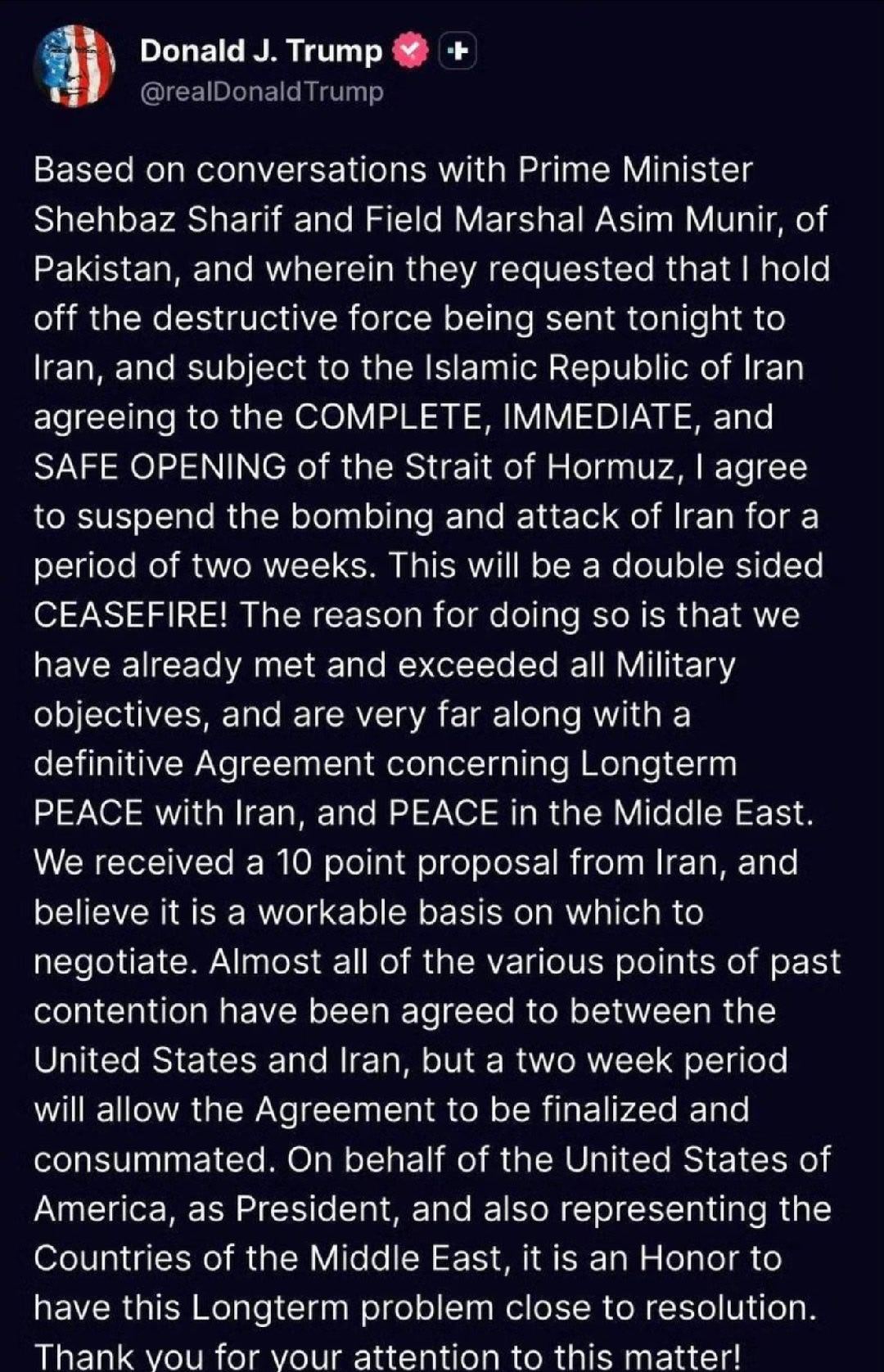 【美伊以冲突  特朗普同意停火两周】美国总统特朗普7日在社交媒体平台发文称：“我