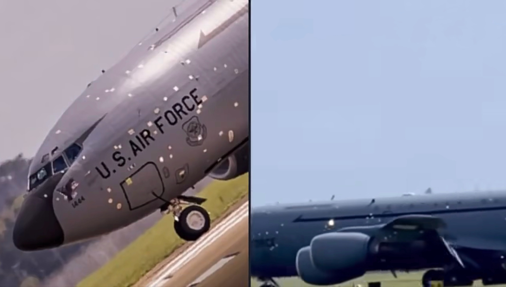 经停英国返回美国的美空军KC-135R加油机，可以看到机身上遍布着临时填补的弹孔