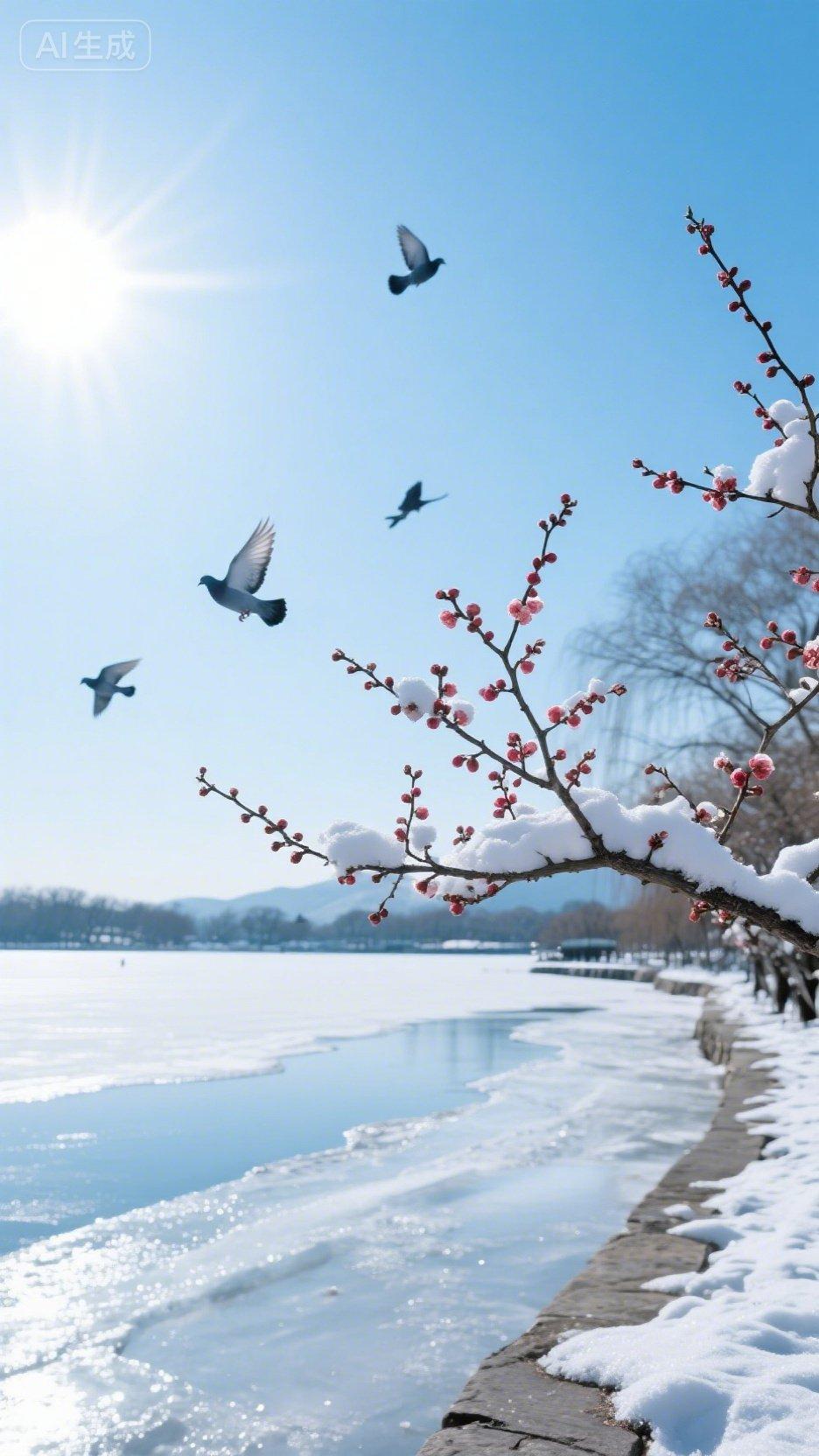 分享一张雪景图寒枝著雪绽红梅，晴光飞鸟过冰湄