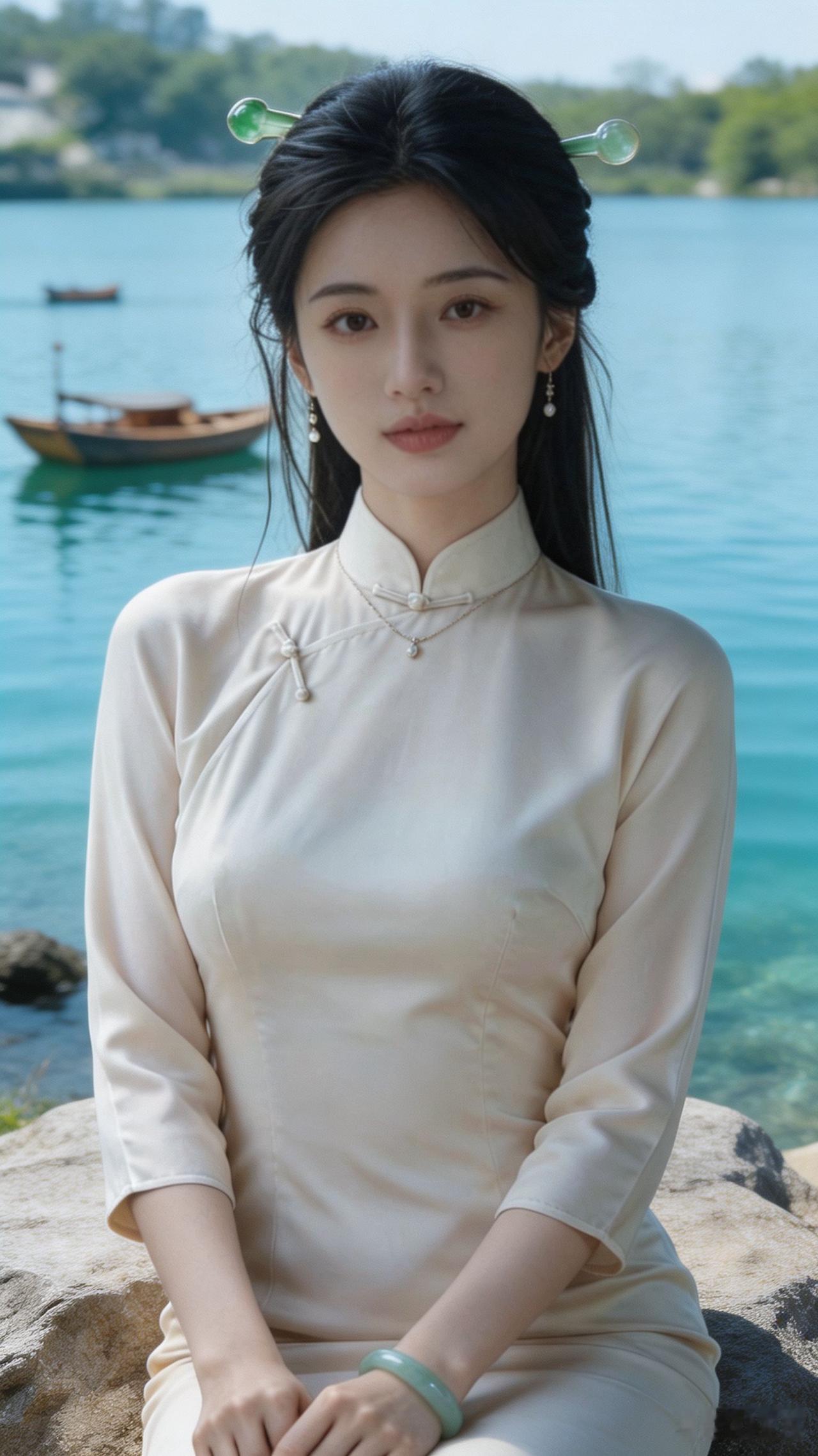 一位姑娘坐在湖边，风景如画。