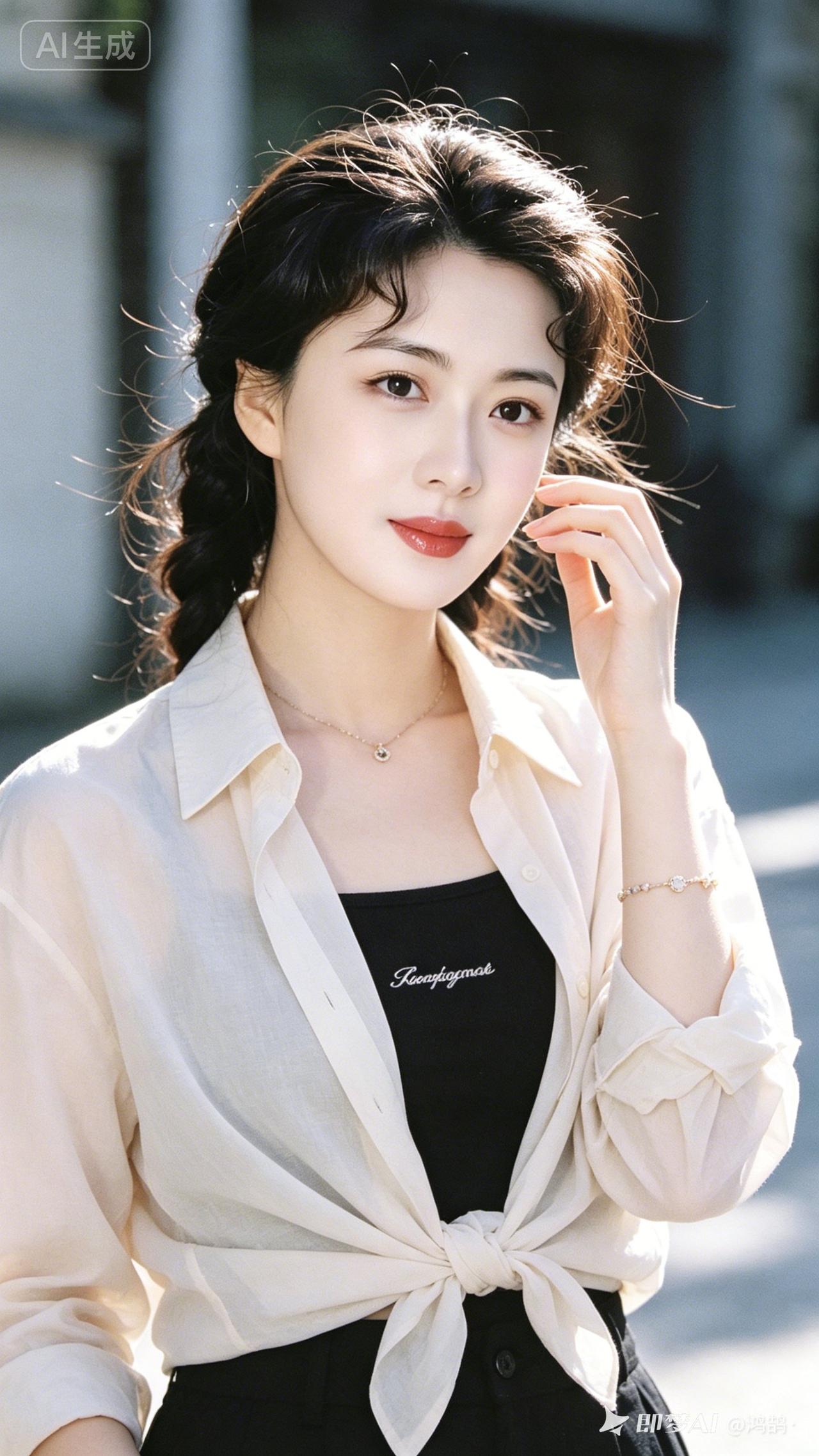 美女鹅蛋脸比例匀称，冷白陶瓷肌肤莹润透亮。披发随性、妆容饰品各异，衬衣叠穿莫兰迪