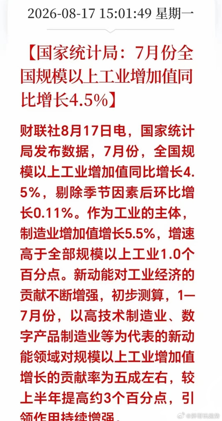 盘后迎来重磅消息：统计局最新数据，7月规模以上工业增加值同比4.5%，制造业冲到