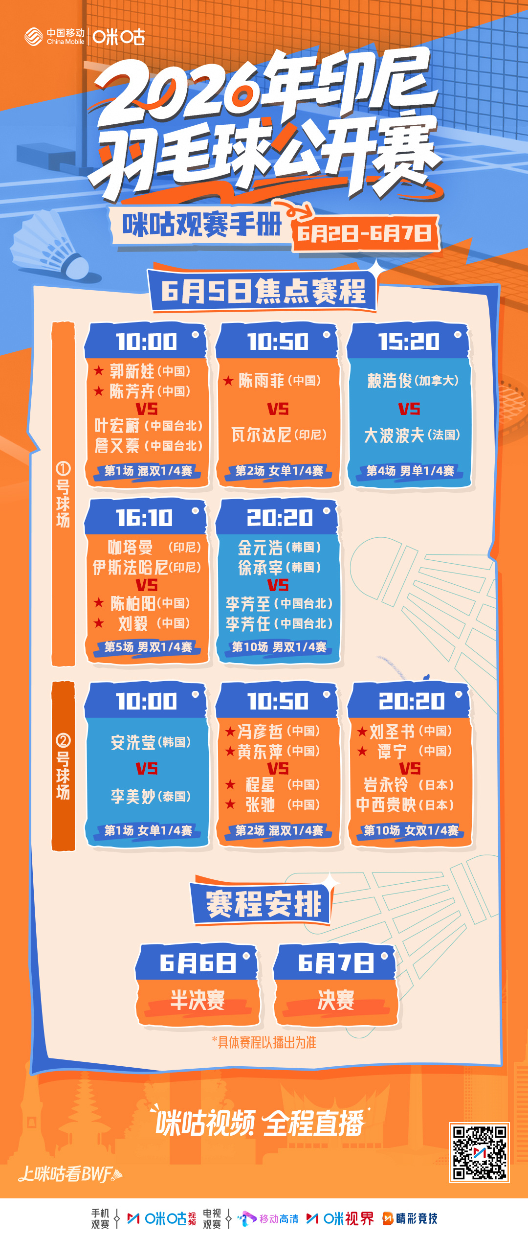 2026年印尼羽毛球公开赛‼️ DAY4 1/4焦点赛程💥10:50陈雨菲出场