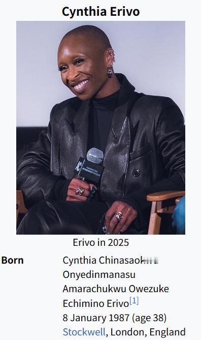 Cynthia Erivo（辛西娅· 埃里沃 ）的全名居然是 Cynthia C