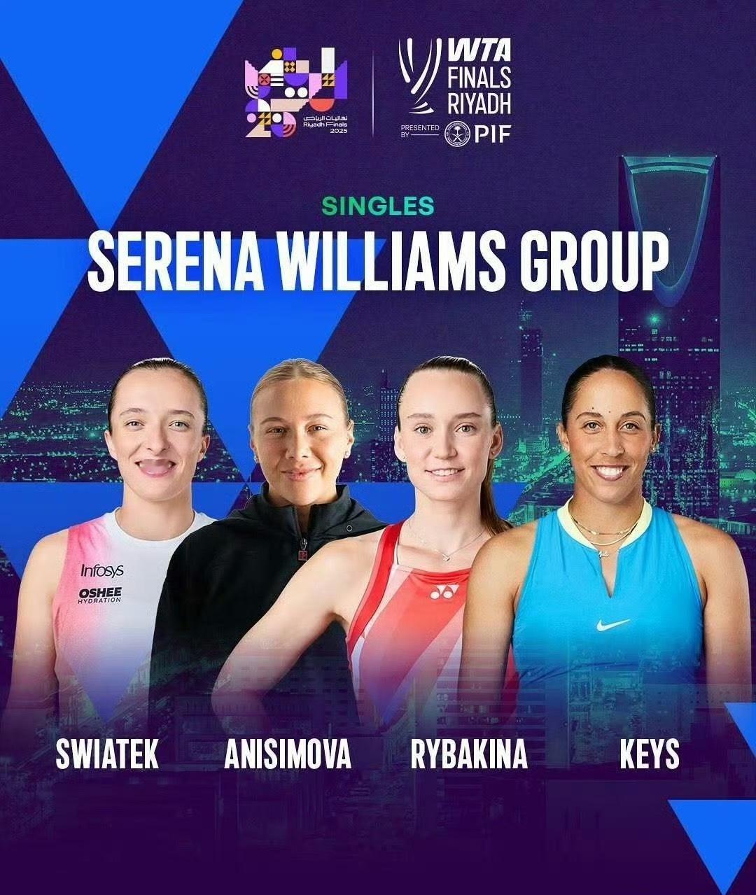 利雅得WTA年终总决赛分组情况格拉芙组：[1]萨巴伦卡[3]高芙[5]佩古拉[8