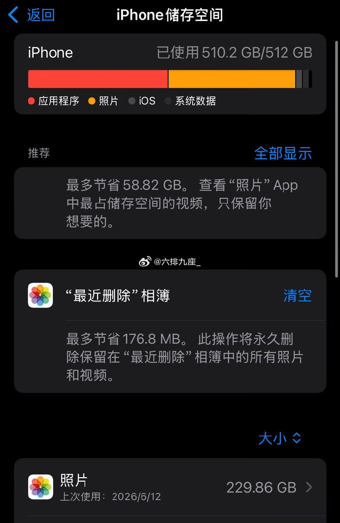 【苹果客服回应删几千张照片内存没变】 6月15日，有iPhone用户反映删了几千