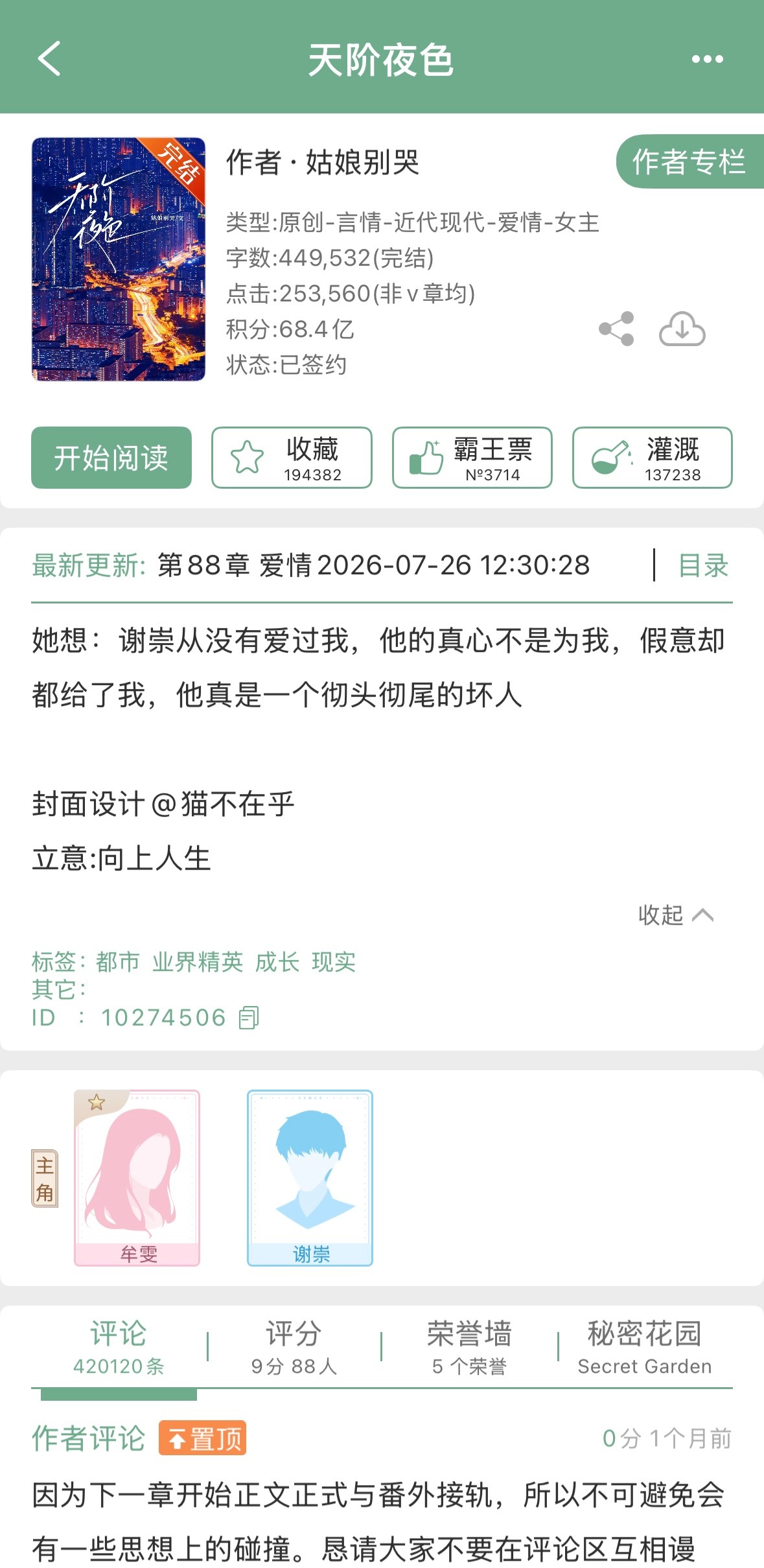 姑娘别哭的《天阶夜色》完结啦！现言➕破镜重圆，这本的收藏好高啊，19.4w，评论