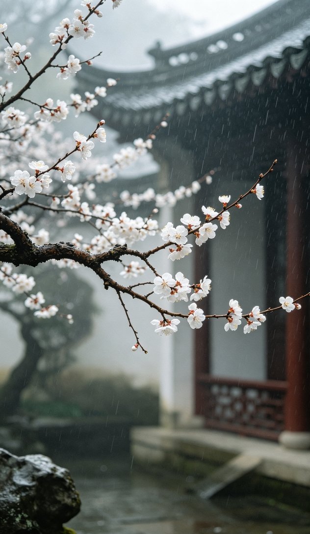 老院细雨落尽白杏，枝桠素花清淡，相逢浅淡转瞬便散落尘埃。 
