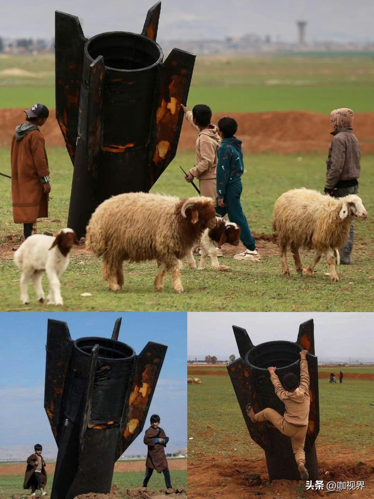 未爆炸的伊朗导弹直插叙利亚，引来当地人围观。落在叙利亚东部郊区的一片空地，没有造