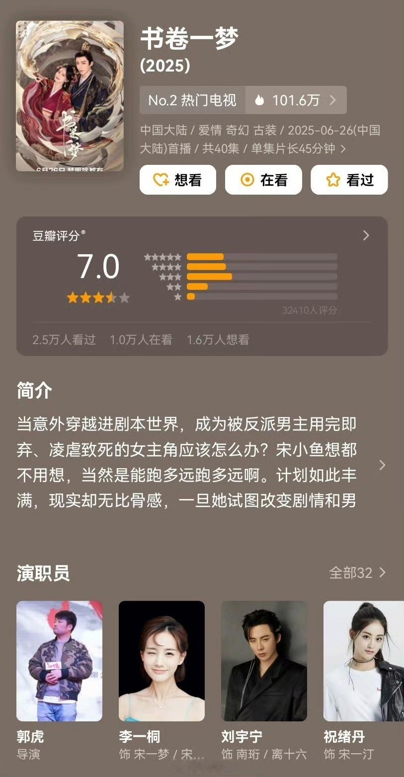 娱乐[超话]书卷一梦7.0分李一桐刘宇宁书卷一梦豆瓣7.0李一桐刘宇宁书卷一梦豆