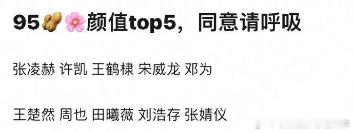 95花生颜值TOP5：张凌赫 许凯 王鹤棣 宋威龙 邓为王楚然 周也 田曦薇 刘