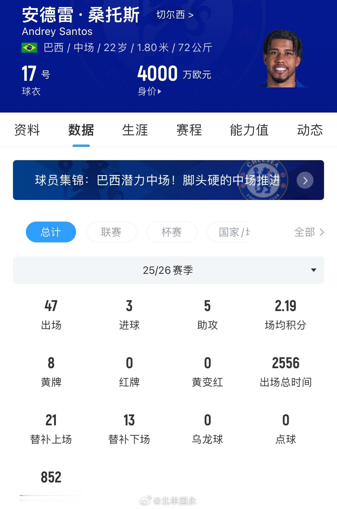 北京单场 今夏首签！官方：曼联签切尔西中场桑托斯，总价5000万镑+10%二转官