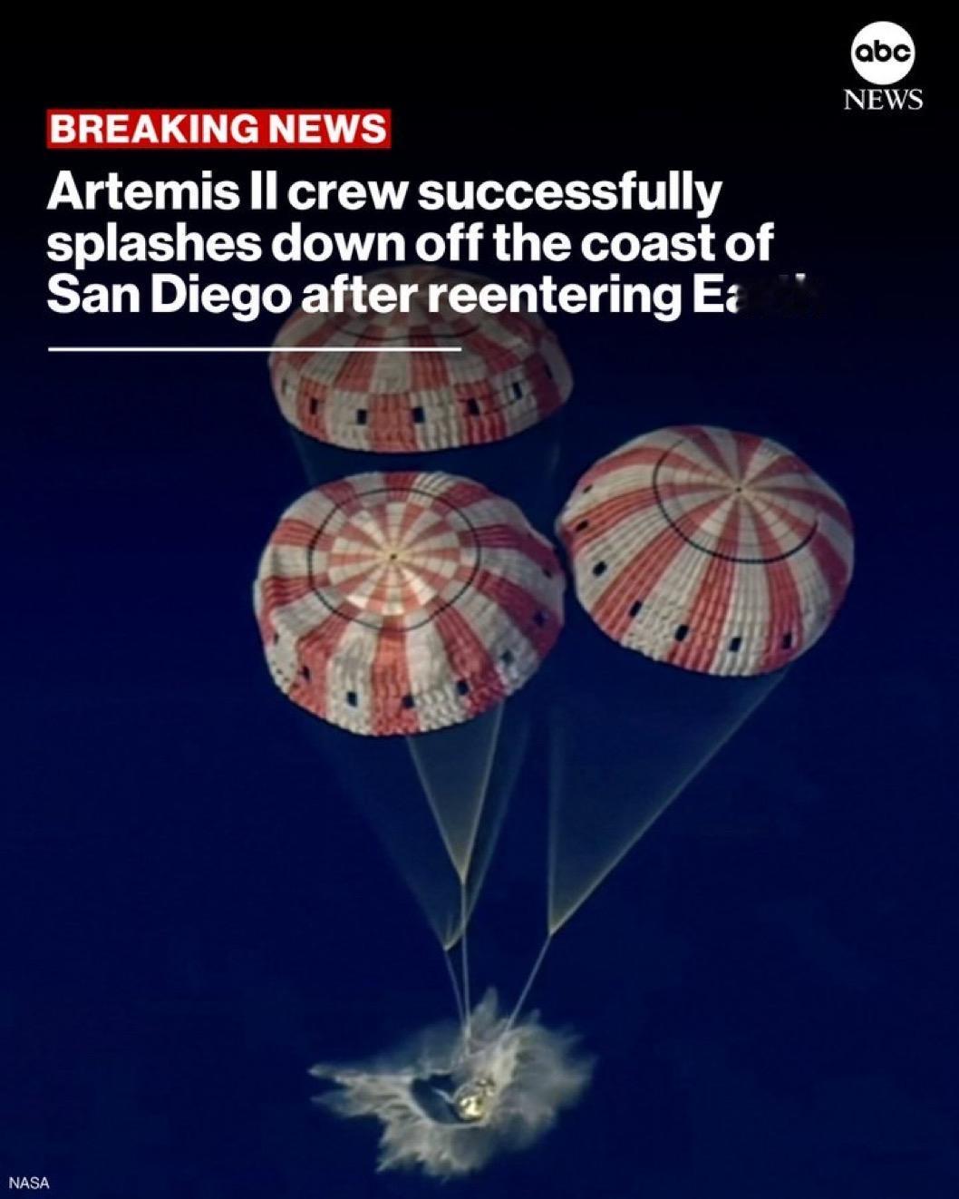 NASA阿耳忒弥斯二号机组人员在历史性的69.5万英里、为期10天的环月航程后，