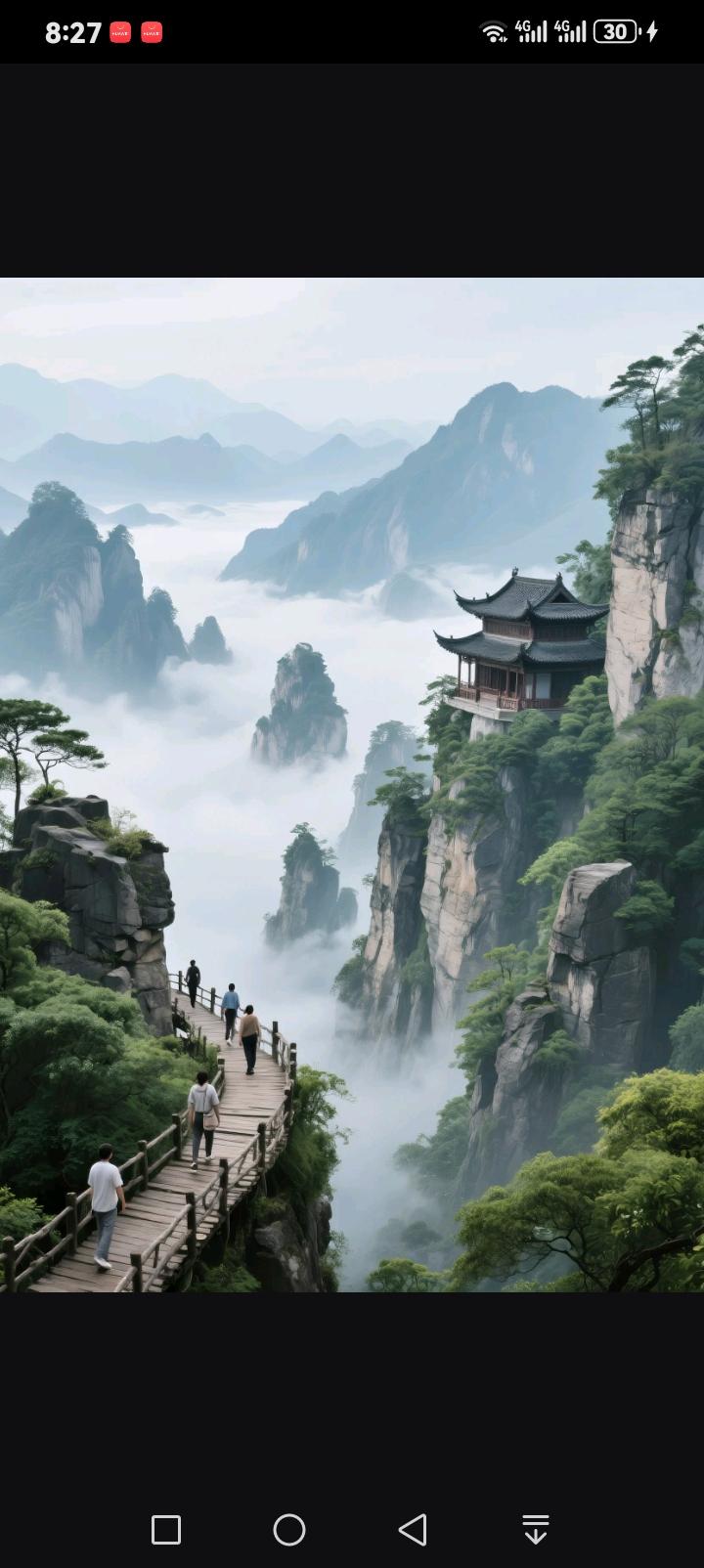 云间栈道，天上宫阙
 行走在悬空的木栈道上，脚下是翻涌的云海，身旁是陡峭的岩壁。