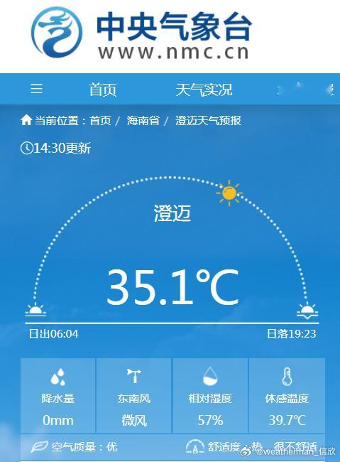 【海南澄迈6月高温日数破纪录】今天下午14点30分，海南澄迈35.1℃，为当地今