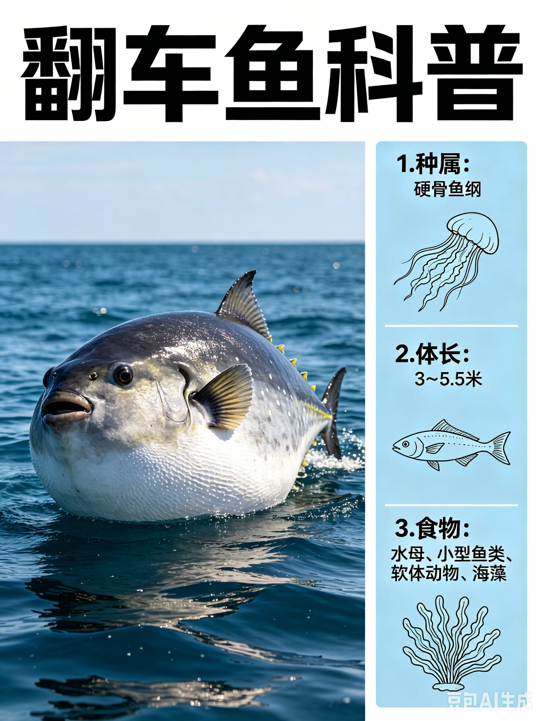 海洋朋友圈 翻车鱼海洋档案种　属：硬骨鱼纲体　长：3～5.5米食　物：水母、小型