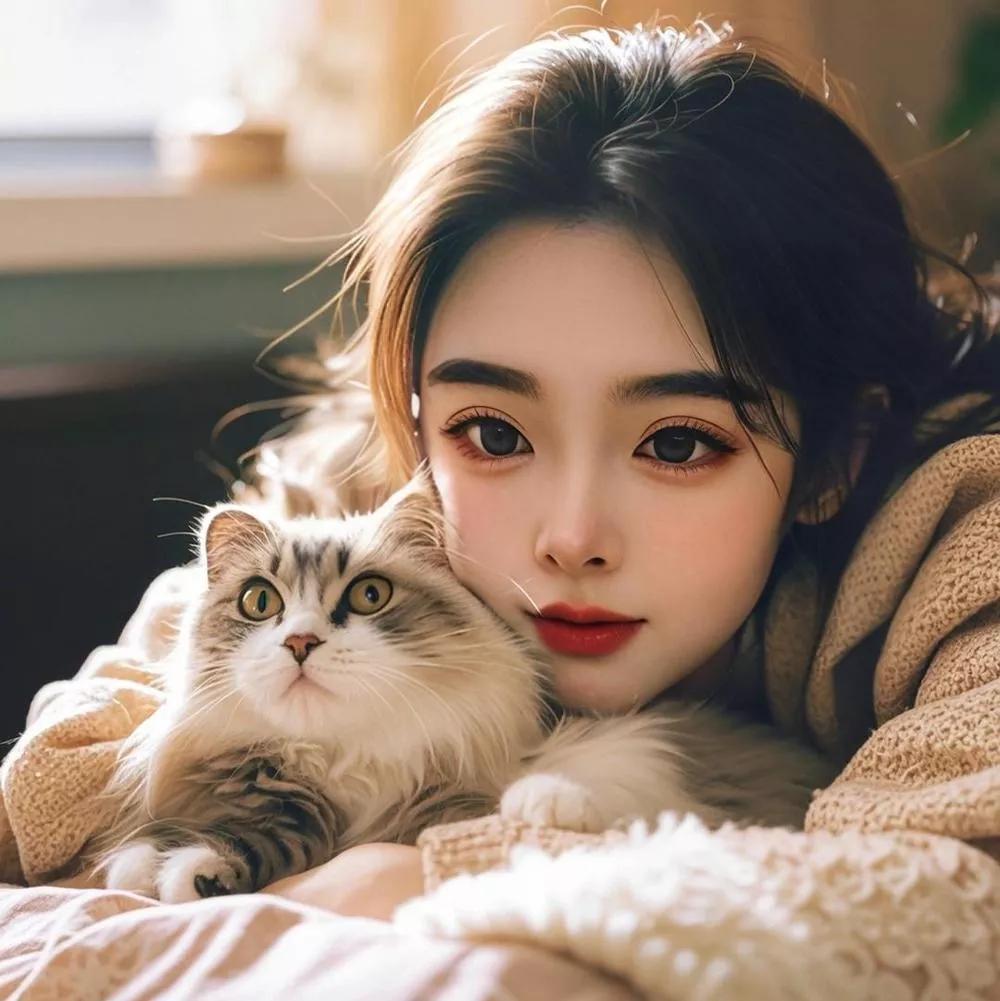 温暖冬日，猫与美人相伴的惬意时光。猫美图 两猫情感相处 猫系美女 小猫美景 萌系