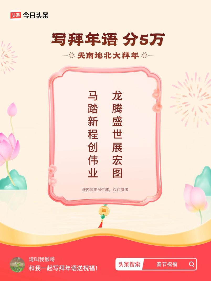 写拜年语送祝福新春拜年送祝福！我的祝福是：“马踏新程创伟业，龙腾盛世展宏图”！快