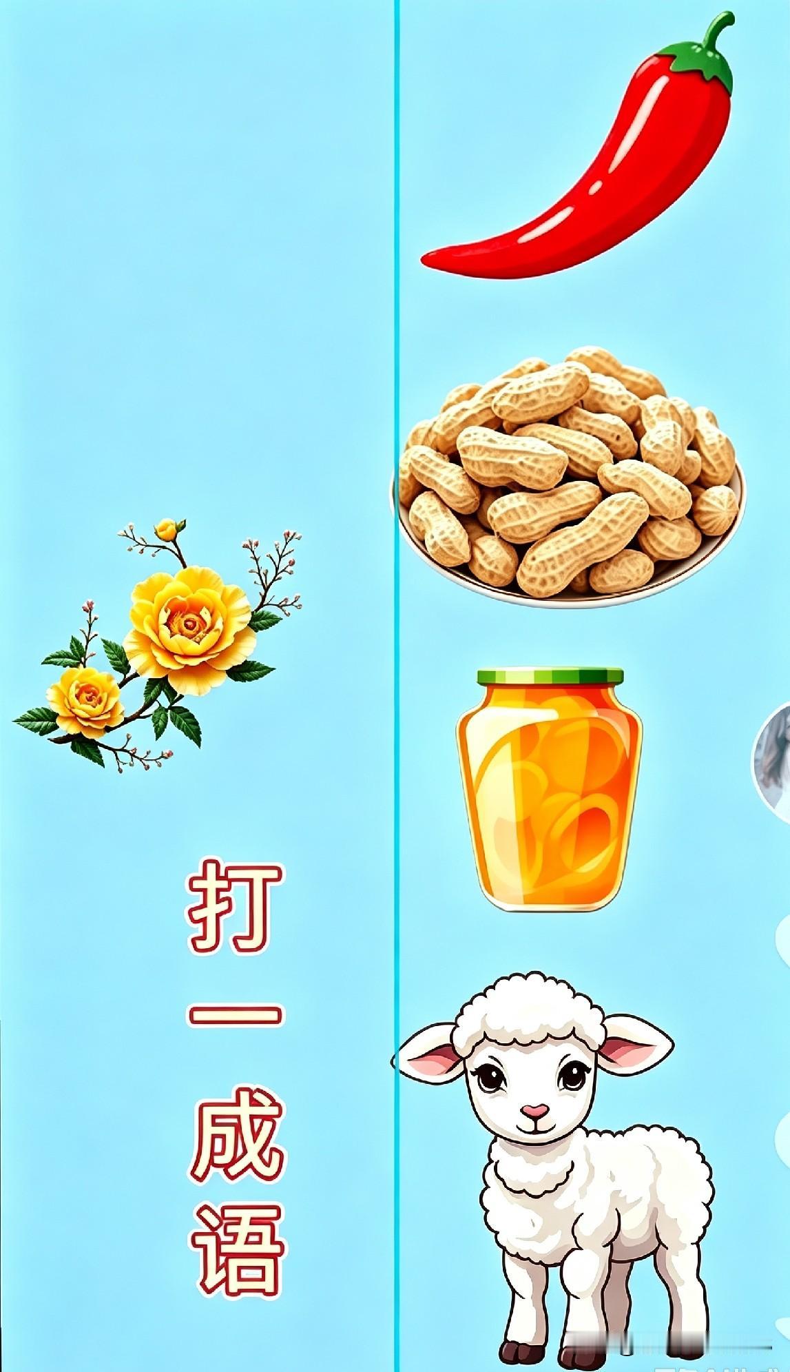 这道题我反复看了三遍，感觉都快把小羊盯得不好意思啦😂
辣椒、花生、罐头、花，还