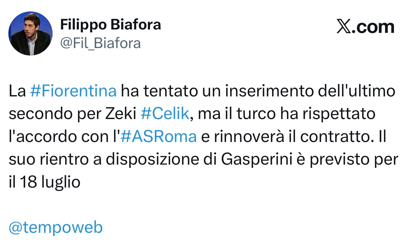 时报Biafora：佛罗伦萨在最后时刻尝试截胡切利克，球员选择遵守与罗马之间的续