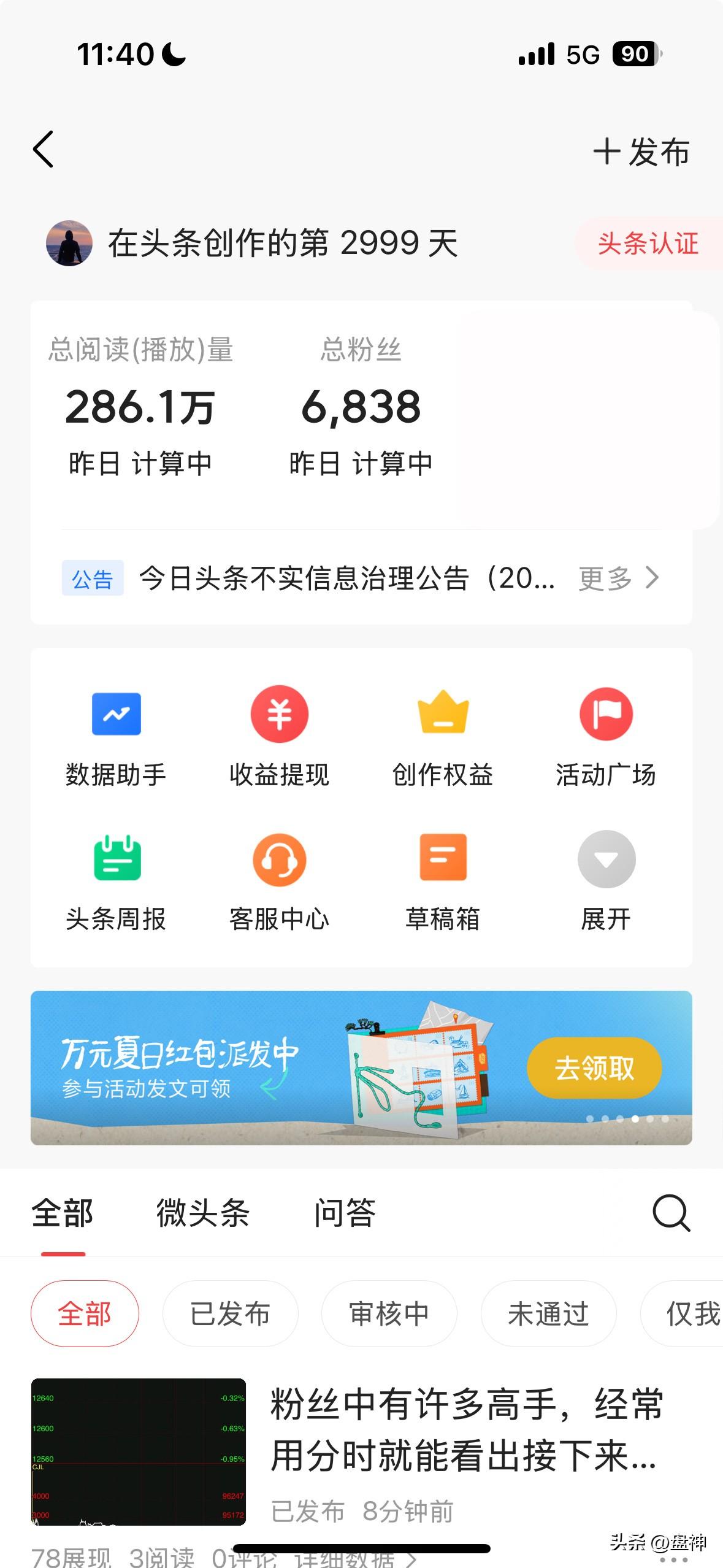 在头条的第2999天，收获6383粉丝，286万赞。