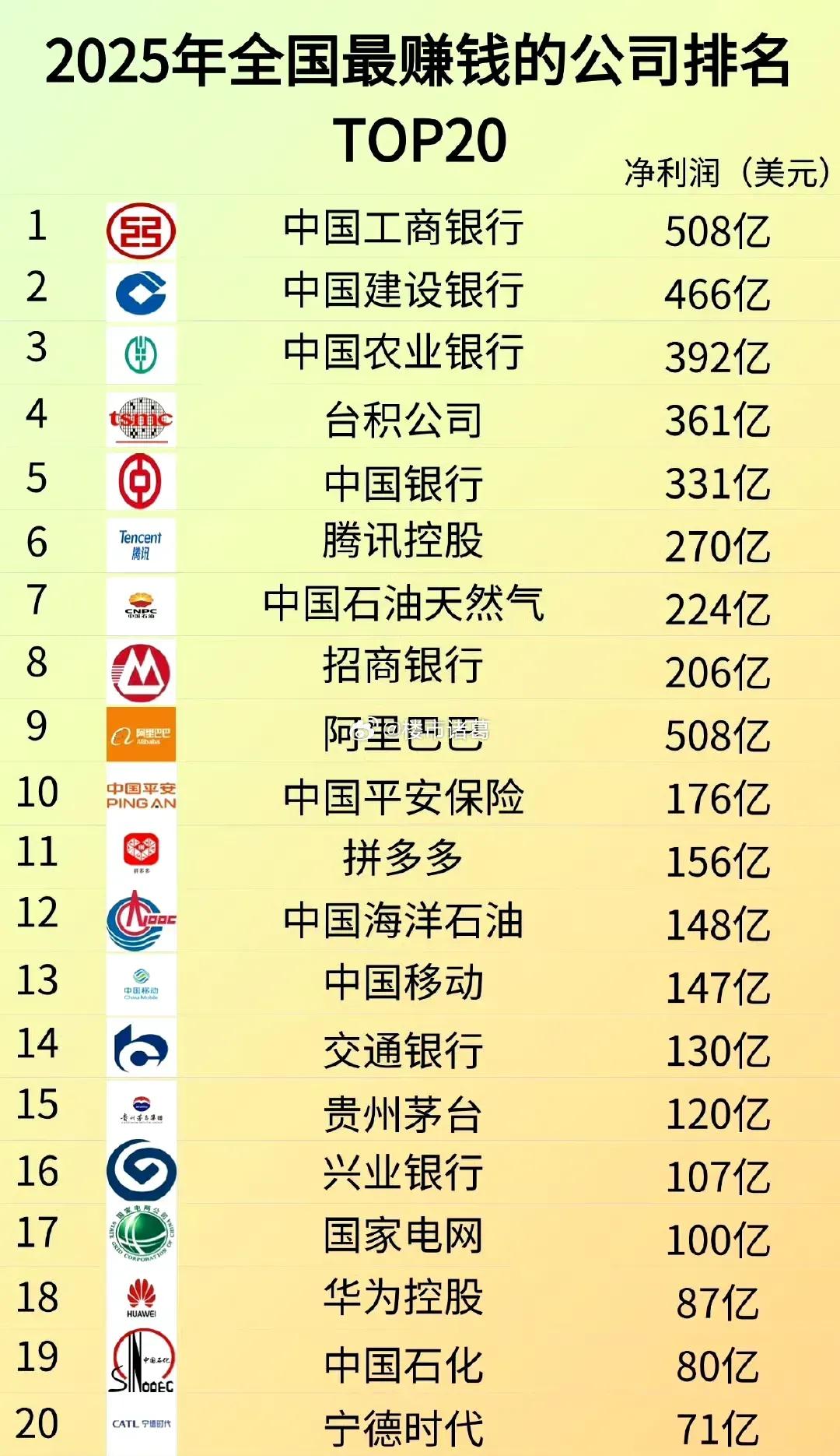 这张图表展示了2025年全国最赚钱的公司排名TOP20，以净利润为衡量指标（单位