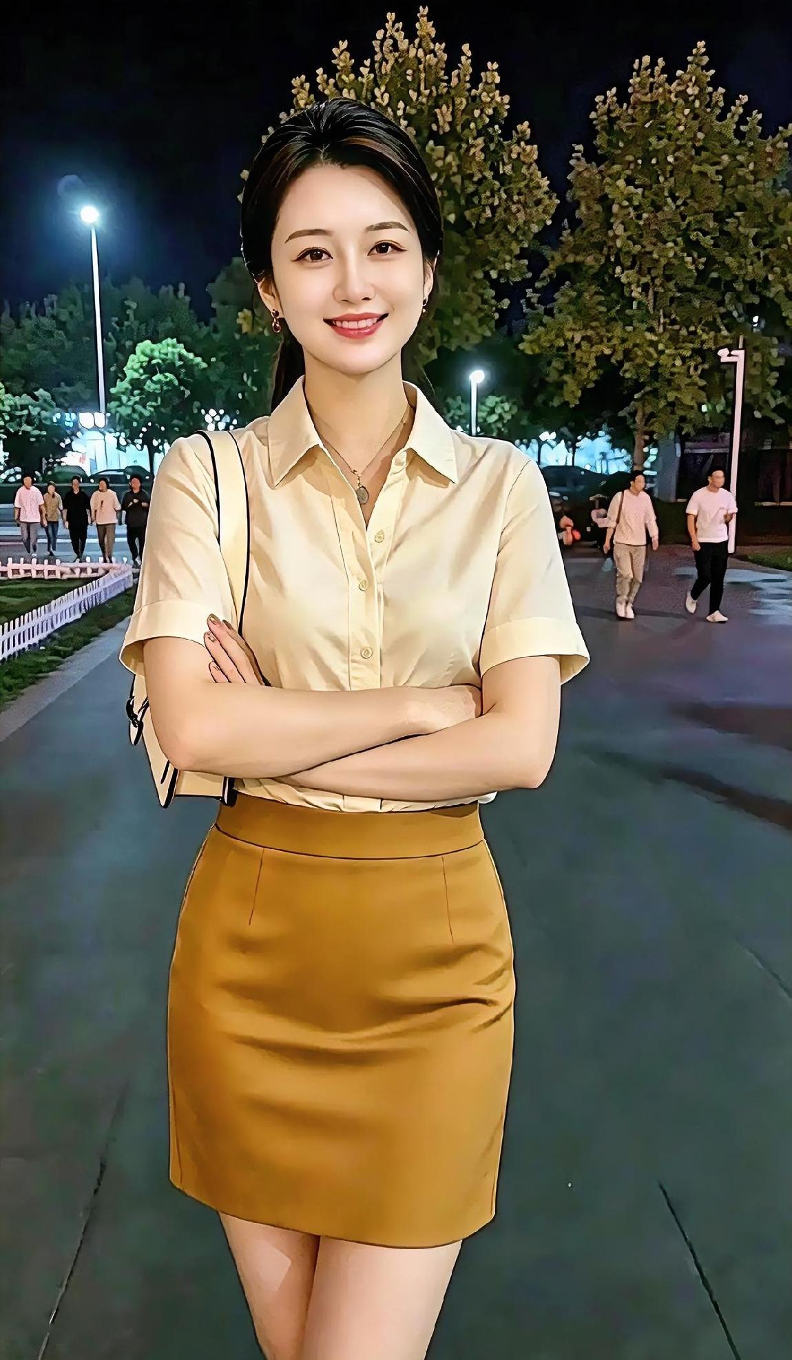 《夜路微光》

浅黄衬衫，轻搭焦糖短裙，

发丝轻束，双臂交叠自信。

夜路灯火