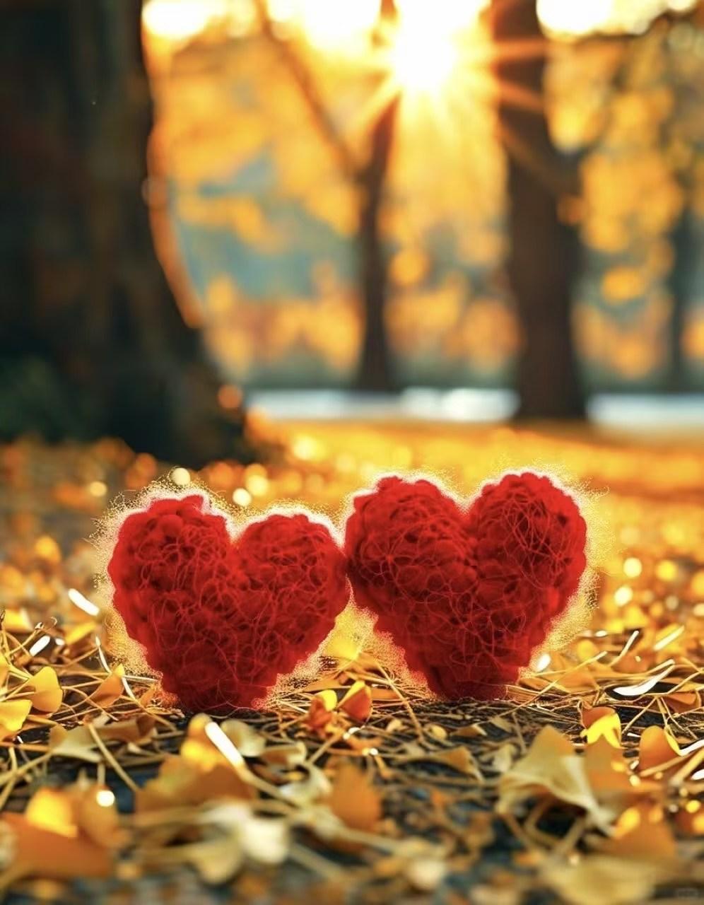 秋日暖阳下，两颗心相依相伴，爱意满满。🍂💕