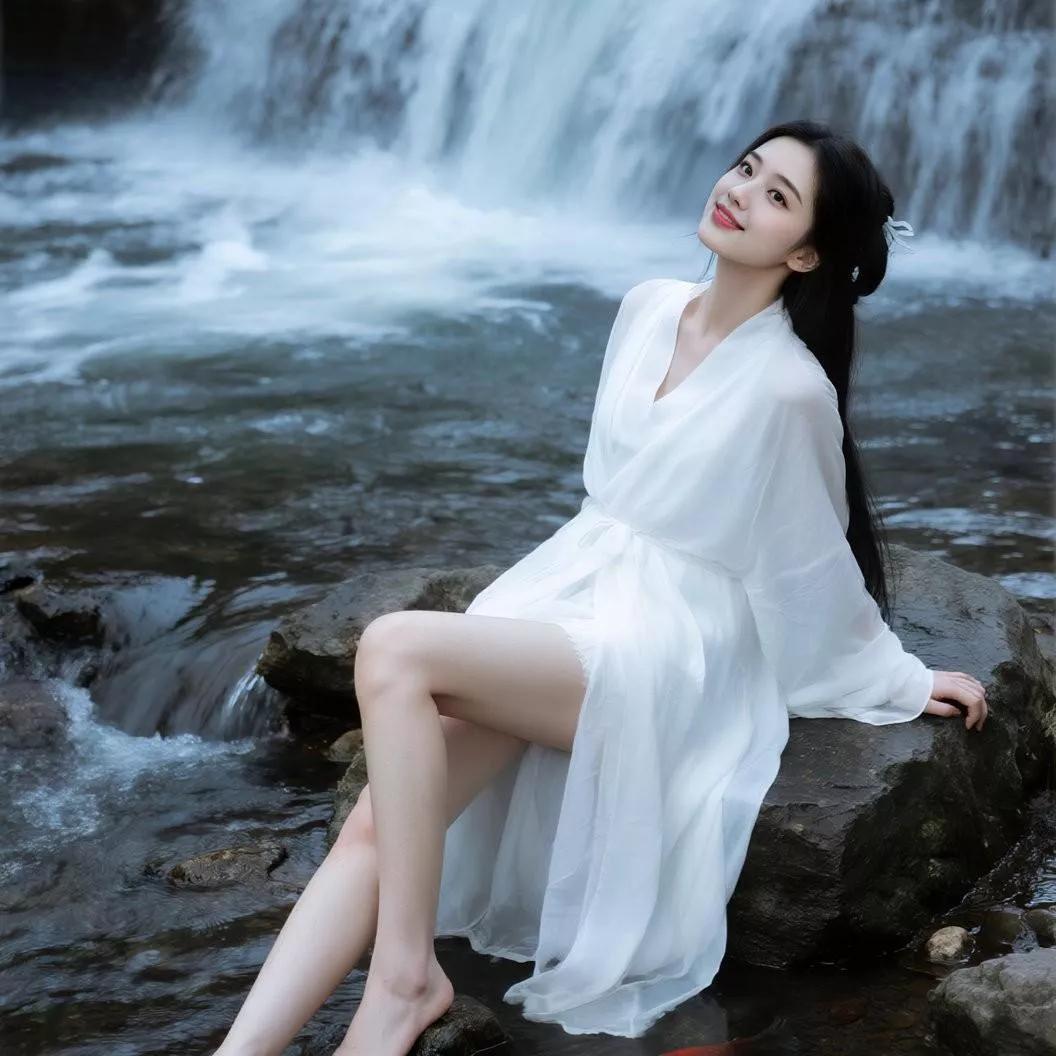 仙女在瀑布旁，白裙飘飘，笑容灿烂白裙仙女照 粉裙仙女 湖边白裙美人 梦幻蓝裙仙女