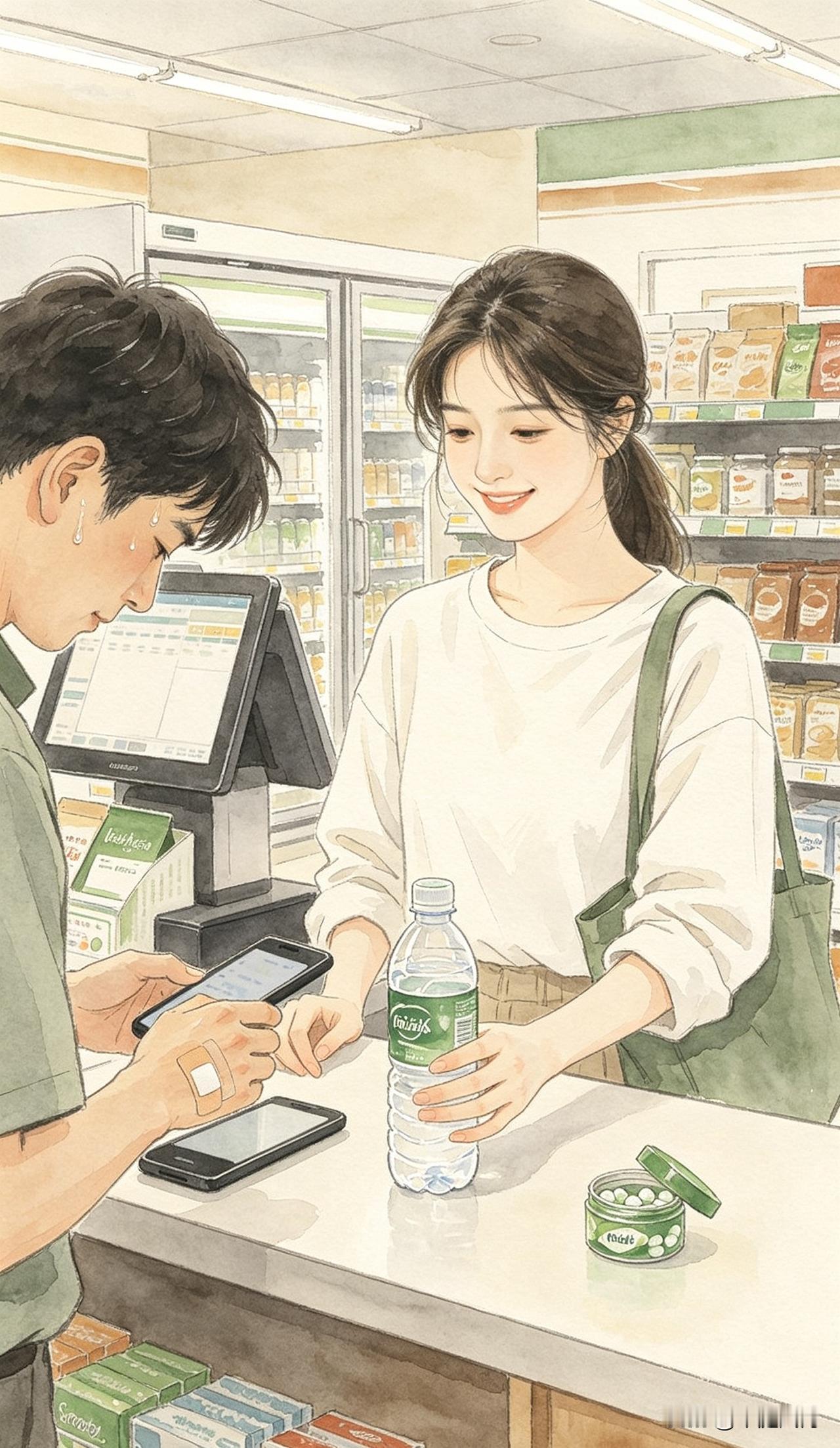 人这一生·柔软

晚上在便利店买水。

店员是个二十出头的小伙子，手上贴着创可贴