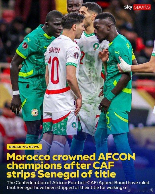 【非洲杯冠军被改判给摩洛哥】非洲足联发布声明：根据非洲国家杯规则第 84 条，宣