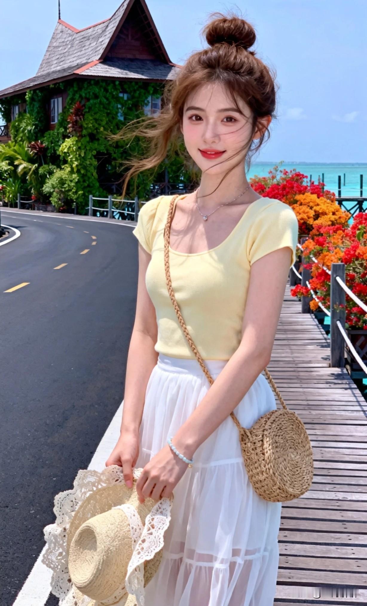 夏日海边度假穿搭，清新甜美，阳光明媚！你们觉得她美吗？