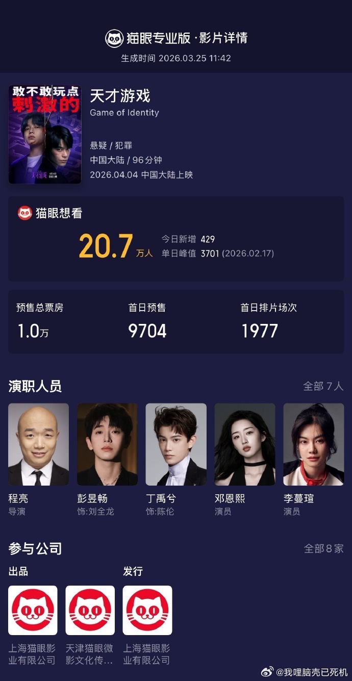 彭昱畅丁禹兮新片时长电影天才游戏发行通知 彭昱畅、丁禹兮领衔主演电影《天才游戏》