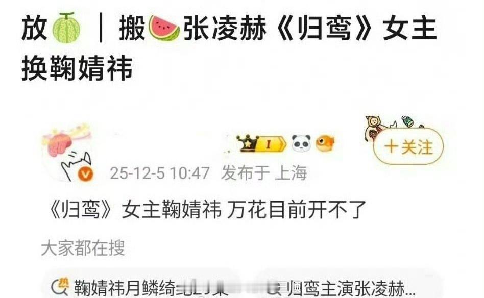 🍉张凌赫《归鸾》女主换成鞠婧祎，万花目前开不了了